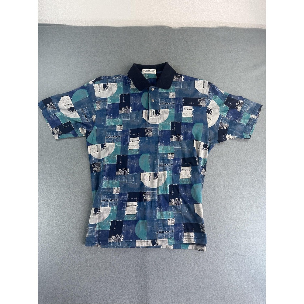 Vintage Tuttle Golf Polo Shirt Mens L Blue Geometric Hong Kong Cotton Golf